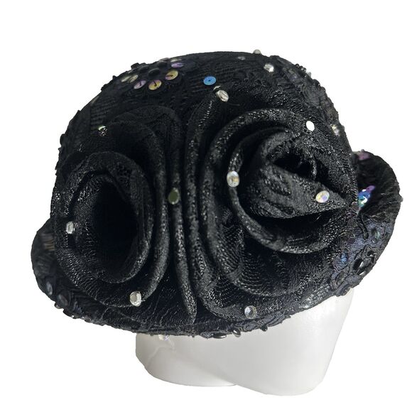 Vintage Mr. Hi\'s Classic Cloche Hat Womens Black Sequin Rhinestone Church Lady